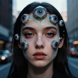 beautiful female face with multiple spider eyes, eight eyes, beautiful portrait, photography by amy leibowitz and filip fedorov, urban city photography, close up portrait, cinematic still, film still, magic hour, dark mood, cold colors, 8 k gigapixel, kodak pro max 4 0 0, sony, kodak, long exposure, art noveau painting, neobrutalism, 3 d octahedrons, liquid marble fluid painting
