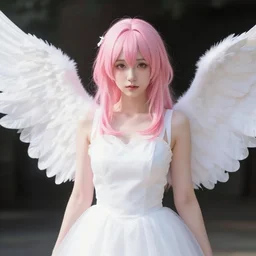 a woman with pink hair wearing a white dress, a character portrait by ayako rokkaku, cg society contest winner, photorealism, soft light, anime aesthetic, angelic photograph