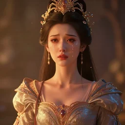 portarit of princess crying, tears down face, intricate silk clothing, fantasy, headpiece, digital illustration, hyperealisism, octane renderer, artstation trending, warm cinematic lighting, reflections, particles, style of tom bagshaw, wlop, artgerm, astor alexander, yasar vurdem