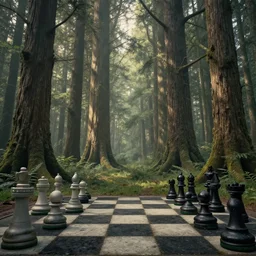 a forest with chess pieces big as trees, 8 k, matte painting, early morning light, in the style of francisco de goya and h. r. giger,