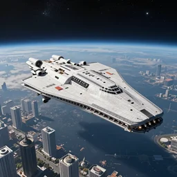 a large space ship seen from the surface of a busy metropolis, star wars digital art