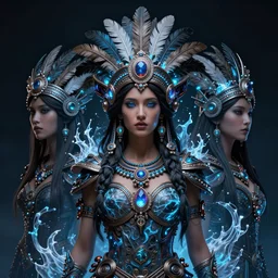 3 d mexican goddess medium shot portrait. beautiful intricate highly detailed quetzalcoatl helm and feathers. low - key lighting, bioluminescent, plasma, lava, ice, water, wind, creature, artwork by tooth wu and wlop and beeple and lee jeffries, 8 k trending on artstation,