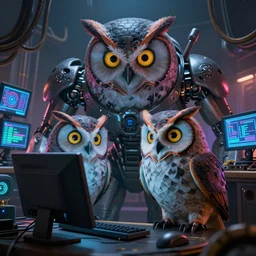 an giant evil, malevolent, cyborg owls looking at a computer, surrounded by computer screens. steampunk. hyperealistic very colourful hdr cinematic lighting cgi render photorealistic cinematic octane render