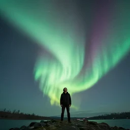 tiny bob ross screaming up at huge sky aurora above