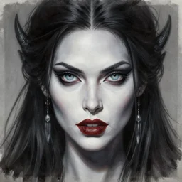 a highly detailed airbrush painting of an evil female fantasy sorceress with piercing beautiful eyes art by karol bak and donato giancola and mark brooks, centered, full size, hires, 4 k, high resolution, sharp focus
