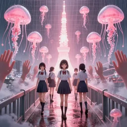 3d anime poster, realistic anime school girls stands on the bridge in tokyo, portrait, rainy weather, vapor, the palms come from the depths, rays of light breaking through the air, pink jellyfish everywhere, pink tones, super detailed and realistic, 3d anime poster, grid and web, minimalistic composition, center of frame, dramaticlly deep composition, pastel tones, center of the frame, redshift, octane, in the style of Hiro Kiyohara, cinematic, hyper realism, high detail, octane render, 8k