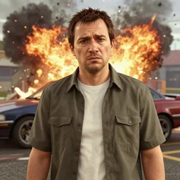 martin freeman looks confused in gta 5, a car explodes in the background. unreal engine 4 render 4 k