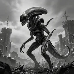 prometheus movie monster, xenomorph, highly detailed background, black and white, unkown city, haze, landscape, castle