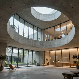 concrete interior architecture for dreaming, dynamic lighting, glass windows, dreamy, relaxing environment, hyperrealistic, intricate details, 8 k, lighting on concrete