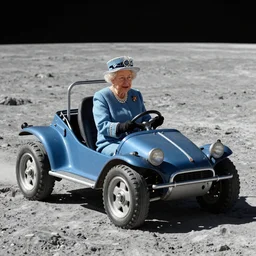 Queen Elizabeth II driving a moon buggy on the lunar surface,