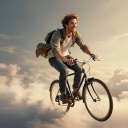 A fancy portrait of a happy man flying in the sky on his bicycle in the clouds, perfect expression, Ross Tran, Greg Rutkowski, Maciej Kuciara, 8k photorealistic, volumetric lighting, HD, high details, dramatic, warm atmosphere, trending on artstation