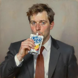 a business man drinking a capri sun pouch, portrait, oil painting
