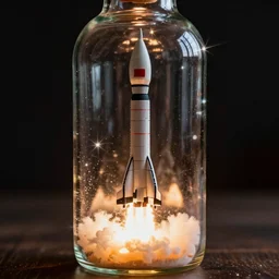 A very detailed model rocketship in a bottle, launching, 35mm film grain, 50mm lens, lens flair