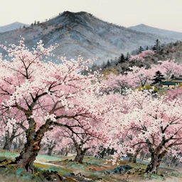japanese ink painting of a blooming cherry blossom forest with mountains in the background, highly detailed, vivid colors, cinematic lighting, 8 k, trending on artstation, art by artgerm and greg rutkowski and alphonse mucha