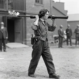 old black and white photo, 1 9 1 3, depicting ellen ripley carrying a flamethrower, historical record