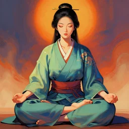 samurai woman meditating, hyper realistic, illustration, digital paint, vivid colors