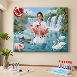 a tall female pathology student holding a pig in an empty hotel room, a river flooding inside, medical supplies, medical mask, syringes, pathology sample test tubes, pigs, plants in glass vase, water, river, rapids, canoe, pomegranate, berries dripping, waterfall, swans, acrylic on canvas