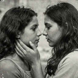 a scratched, textured, weathered, heavily damaged gum bichromate print of a blurry, faint close-up by Steve McCurry of two women touching each other's faces intimately