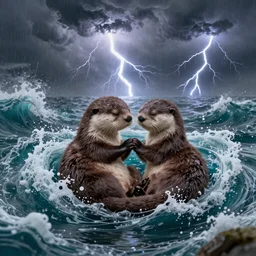 An adorable otter saving his sleeping wife from the whirlpool, in love, holding hands side by side, in the middle of a super scary storm at sea, thunder, lightning, waves, fantasy illustration, cinematic, award winning, romantic, detailed trending on artstation, masterpiece