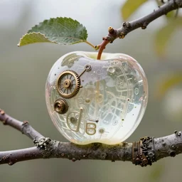 35mm photo of a transparent apple growing off a tree branch. Intricate, very detailed, 8k, fantasy steampunk