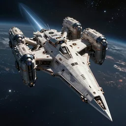concept art of a giantic spaceship traveling through space by john berkey, it has the shape of an spear and six massive trusters in the back, megalitic, imposing, scifi, cinematic lighting, artstation hq