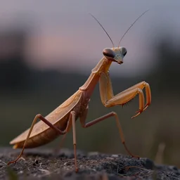 an anthropomorphic praying mantis lurking in twilight, brown exoskeleton, close - up portrait, searching prey, ultra detailed, 8 k, trending on artstation, award - winning art