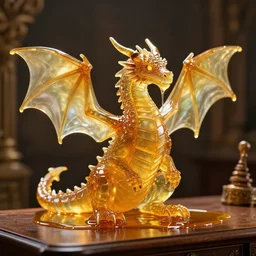 a dragon made of honey, sitting on a sorcerer’s desk. the dragon is transparent. you can see light shining through the wings. honey is dripping everywhere. rim light, studio lighting, 8k
