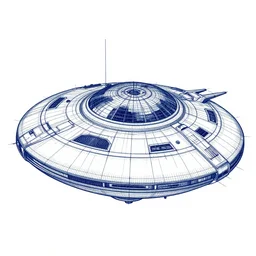 a detailed blueprint of an advanced UFO spacecraft, blue lines, high contrast
