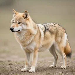 professional full - body side profile photograph of a slightly fluffy light tan tibetan wolf with brown accents, hd, 8 k, highly detailed, high quality, cute