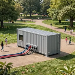 a scifi container with power cables coming out of it, in the middle of a large park with paths and families around it, in style of Isaac Zuren, 4k