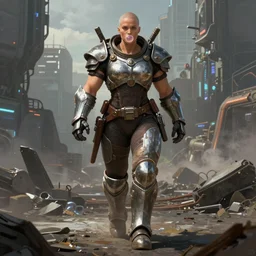 a big muscular female warrior in full armor walking across a cyberpunk wasteland with no helmet, bubblegum crisis, transformers, attractive female face, symmetrical face details, ultra realistic, very highly detailed, 8K, octane, Digital painting, concept art, illustration, rule of thirds, sharp focus, centered, Syd Mead