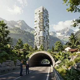 ralph mcquarrie and denis villeneuve establishing shot of modern bjarke ingels condo building and gotthard tunnel entrance combined, roads tunnel under bjarke ingels condo building, lush scenery, scifi artstation digital concept art, unreal engine, hyper realism, realistic shading, cinematic composition, blender render, octane render, wide shot