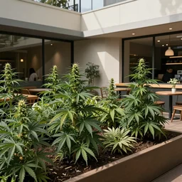 idyllic cannabis garden bed in a busy australian cafe muted colors by edward hopper