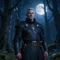 Portrait of Sam Vimes in the Forbidden Forrest at midnight, full moon, blue tones, detailed, hyperrealistic, colorful, cinematic lighting,  digital art by Paul Kidby