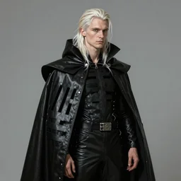 a pale long-haired white man in a black latex acronym cape, in the style of moebius and ashley wood, character design, concept art
