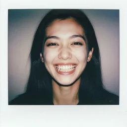 portrait of a smiling woman with too many teeth. hundreds of teeth. hq photo, surreal, harsh lighting. polaroid type 6 0 0. fear. unnerving. unreality