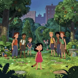 a magical quantum coyote warns an innocent black haired girl of apocalyse. backyard, city, manicured trees, intricate, detail, animation cinematic, matte sharp painting, artstation, carles dalmau, minna sundberg, xiaofan zhang, kuvshinov ilya, nettie wakefield, monica langlois, tom richmond,