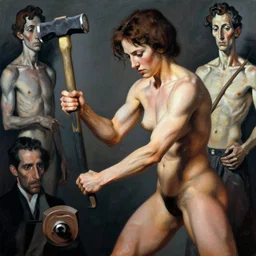 highly detailed photography of a strong woman hammering body parts, sharp focus, dramatic scene, aesthetic, dynamic lighting, elegant, harmony, masterpiece, by jenny saville, by ben aronson, by james jean, by roberto ferri, by jeremy mann, by lucian freud, by kent williams, high quality