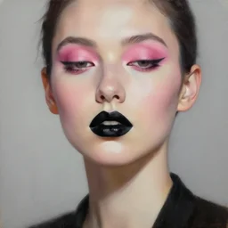 hyperrealism oil painting, fashion model portrait, black lips, pink eyeshadow