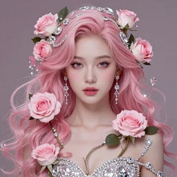a portrait of a beautiful Pink hair girl,Diamonds Blaze,Rose twining,luxuriant,dreamy, eternity, romantic,highly detailed,in the style of Franz Xaver Winterhalter, highly detailed,in the style of Aetherpunk