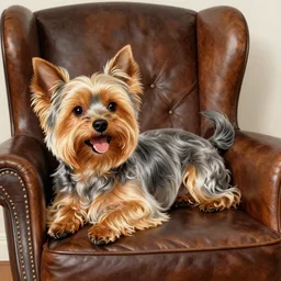 an old happy brown and gray Yorkshire terrier dog lounging in a leather chair, long hair, extremely detailed masterpiece, illustration, by Michael Sowa,