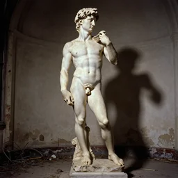 1900s grainy photo of a lost michelangelo's Zeus statue found in a old abandoned basement