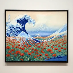 a hokusai painting masterpiece exposed in Paris : a poppy field with a icy moutain in the background and a blue sky This 4K HD image is Trending on Artstation, featured on Behance, well-rendered, extra crisp