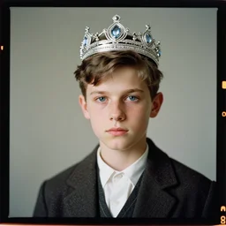 kodak portra 4 0 0, 8 k, highly detailed, britt marling style 3 / 4 photographic close, medium format, press award winning portrait of a handsome boy with a silver crown, up face with 1 9 3 0 s hairstyle, 1 9 3 0 s clothing style, asymmetrical, hasselblad x 1 d - 5 0 c, 1 0 0 mm f 1. 8, soft light