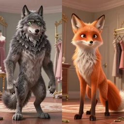 a cg animated before and after scene from a cgi film showing a lifelike anthro wolfman ( grey furry with short hair and green eyes, detailed anthro wolflike face ) on one side and an anthro fox vixen with long orange fur on the other side. standing in an elegant dressing room. image shows split screen before and after.