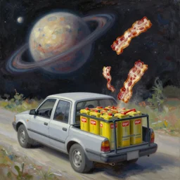 the deliverator's car has enough potential energy packed into its batteries to fire a pound of bacon into the asteroid belt, oil painting in the style of bob ross