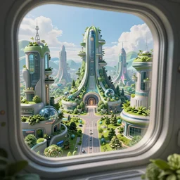 futuristic solarpunk nature - filled utopian cityscape, jaw - dropping 4 k - hd photo view from a window
