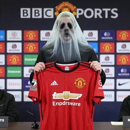 BBC Sports photography of a Manchester United press conference introducing their new signing a spooky ghost