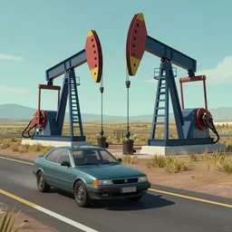 a car driving down a road next to an oil pump, a digital rendering by michael flohr, instagram contest winner, futurism, matte painting, outrun, terragen