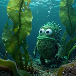 detailed effervescent ocean with large sea kelp and bubbles, an ornate, funny sea monster, creature with large eyes, by maurice sendak, shaun tan made in hyperrealistic 3 d, octane render, dark green colours, sharp focus, 8 k, nighttime